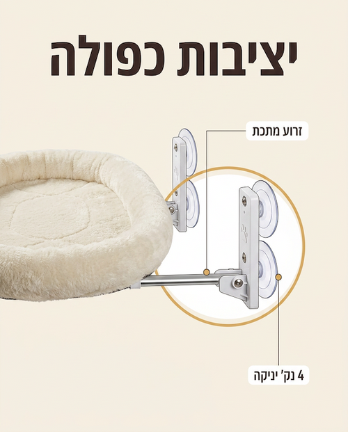 זרוע המתכת וארבע כוסות היניקה שמצמידות את הערסל לזכוכית בלי קידוח