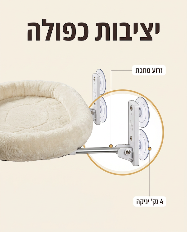 תרשים היציבות של הערסל, זרוע מתכת וארבע כוסות יניקה שמחזיקות אותו לזכוכית